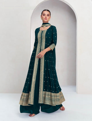 Rama Embroidered Georgette Kurta Palazzo Set with Embroidered Dupatta – Premium Stitched Outfit ClothsVilla