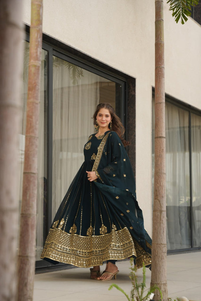 Rama Faux Blooming Luxury Designer Gown Set with Zari & Sequins Embroidery Dupatta Included ClothsVilla