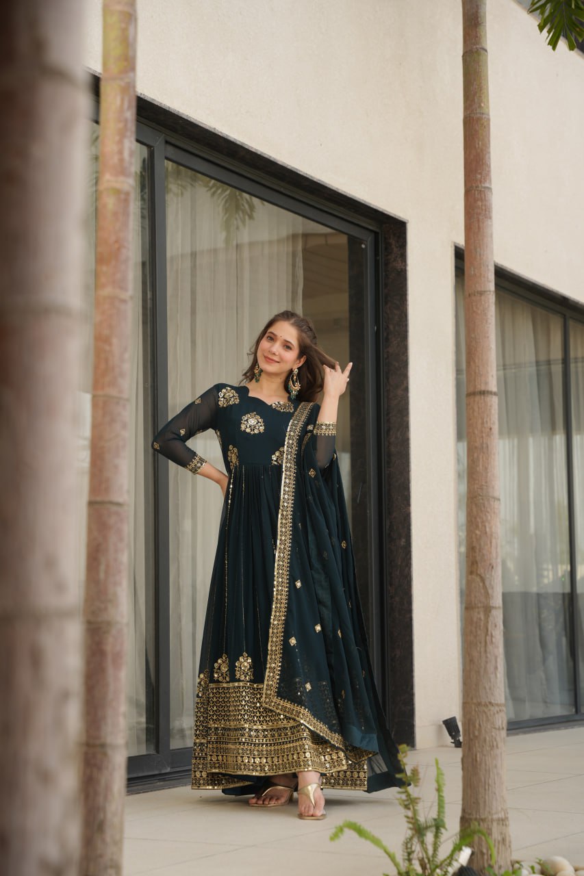 Rama Faux Blooming Luxury Designer Gown Set with Zari & Sequins Embroidery Dupatta Included ClothsVilla