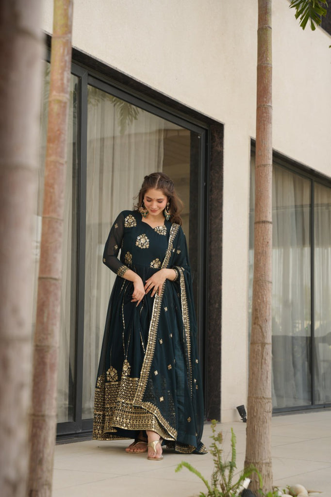 Rama Faux Blooming Luxury Designer Gown Set with Zari & Sequins Embroidery Dupatta Included ClothsVilla