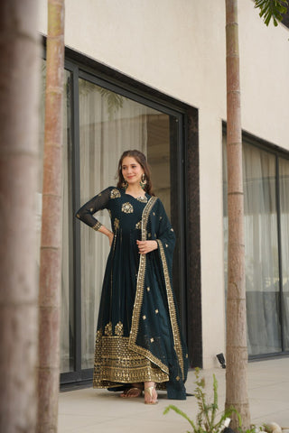 Rama Faux Blooming Luxury Designer Gown Set with Zari & Sequins Embroidery Dupatta Included ClothsVilla