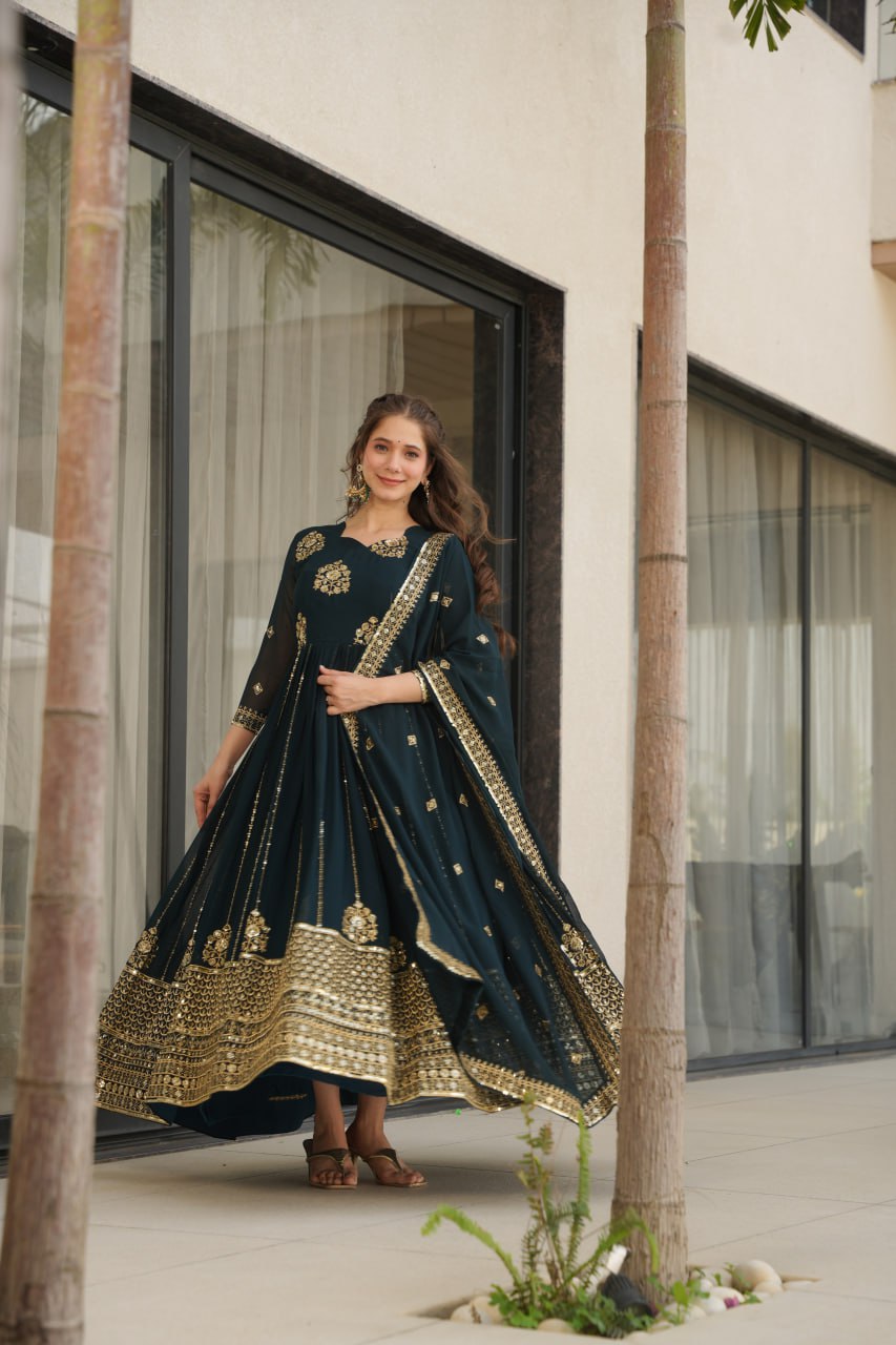 Rama Faux Blooming Luxury Designer Gown Set with Zari & Sequins Embroidery Dupatta Included ClothsVilla