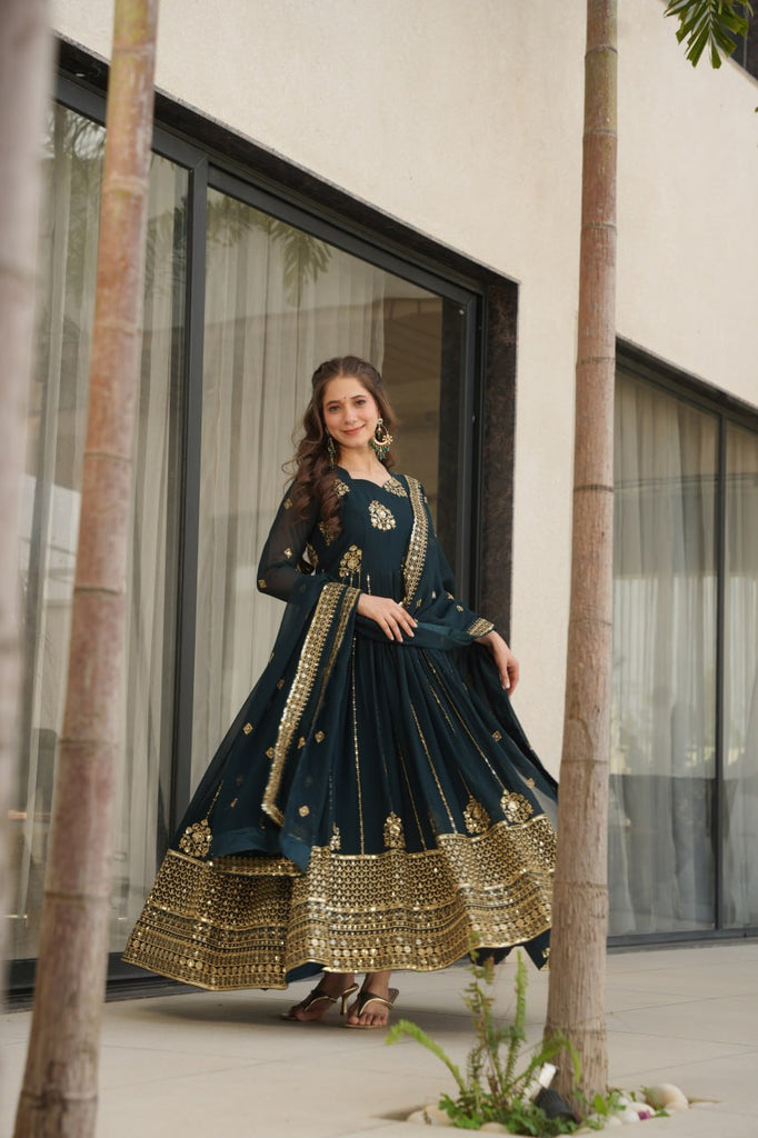 Rama Faux Blooming Luxury Designer Gown Set with Zari & Sequins Embroidery Dupatta Included ClothsVilla