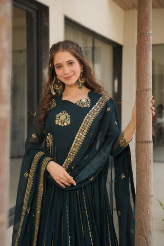 Rama Faux Blooming Luxury Designer Gown Set with Zari & Sequins Embroidery Dupatta Included ClothsVilla