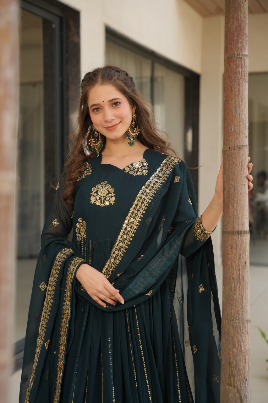 Rama Faux Blooming Luxury Designer Gown Set with Zari & Sequins Embroidery Dupatta Included ClothsVilla