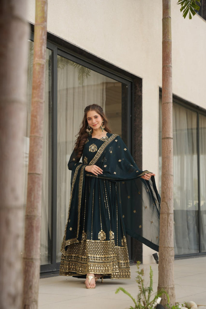 Rama Faux Blooming Luxury Designer Gown Set with Zari & Sequins Embroidery Dupatta Included ClothsVilla