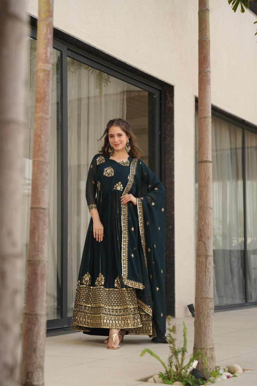 Rama Faux Blooming Luxury Designer Gown Set with Zari & Sequins Embroidery Dupatta Included ClothsVilla Main image