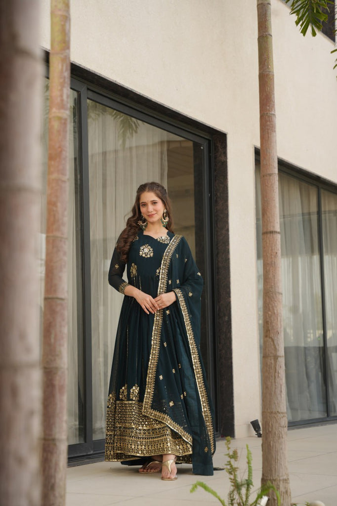 Rama Faux Blooming Luxury Designer Gown Set with Zari & Sequins Embroidery Dupatta Included ClothsVilla