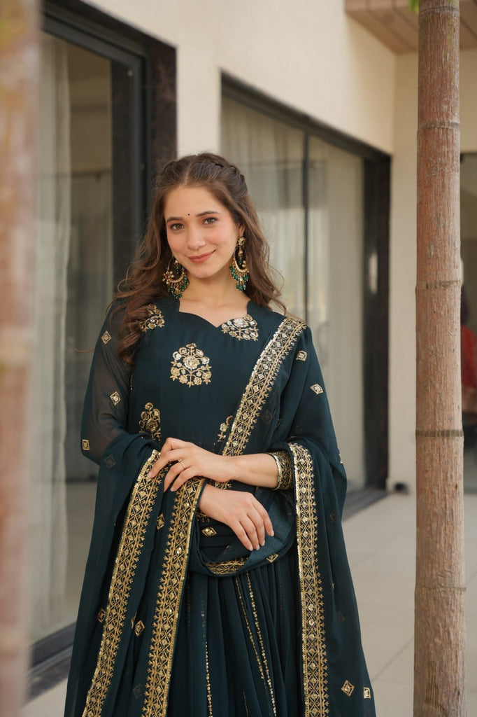 Rama Faux Blooming Luxury Designer Gown Set with Zari & Sequins Embroidery Dupatta Included ClothsVilla