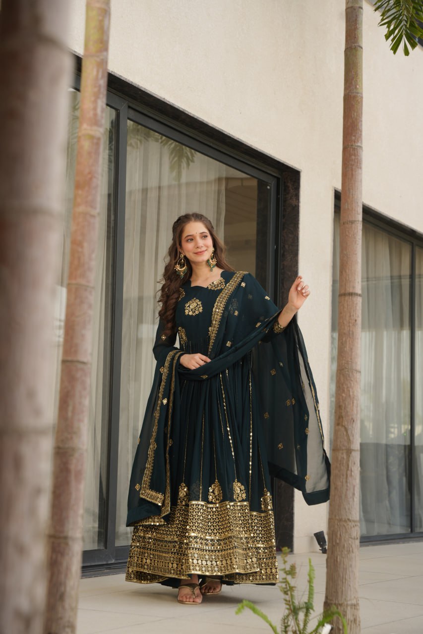 Rama Faux Blooming Luxury Designer Gown Set with Zari & Sequins Embroidery Dupatta Included ClothsVilla
