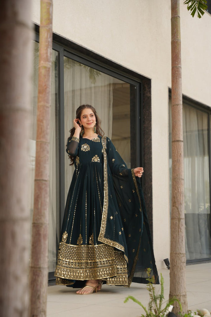 Rama Faux Blooming Luxury Designer Gown Set with Zari & Sequins Embroidery Dupatta Included ClothsVilla