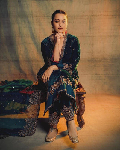 Rama Green Designer Velvet Suit with Multithread Embroidery & Sequins Work Dupatta – Fully Stitched Set ClothsVilla