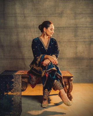 Rama Green Designer Velvet Suit with Multithread Embroidery & Sequins Work Dupatta – Fully Stitched Set ClothsVilla