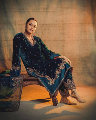 Rama Green Designer Velvet Suit with Multithread Embroidery & Sequins Work Dupatta – Fully Stitched Set ClothsVilla