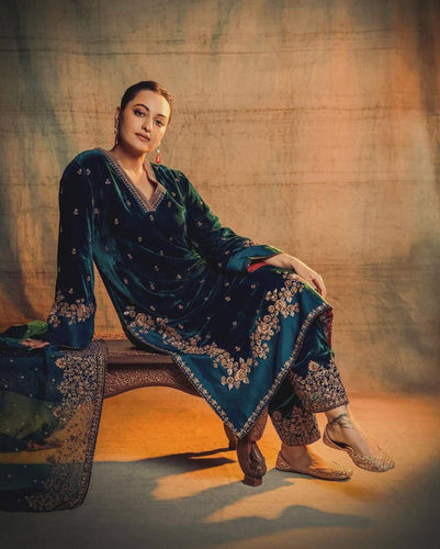 Rama Green Designer Velvet Suit with Multithread Embroidery & Sequins Work Dupatta – Fully Stitched Set ClothsVilla