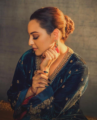 Rama Green Designer Velvet Suit with Multithread Embroidery & Sequins Work Dupatta – Fully Stitched Set ClothsVilla