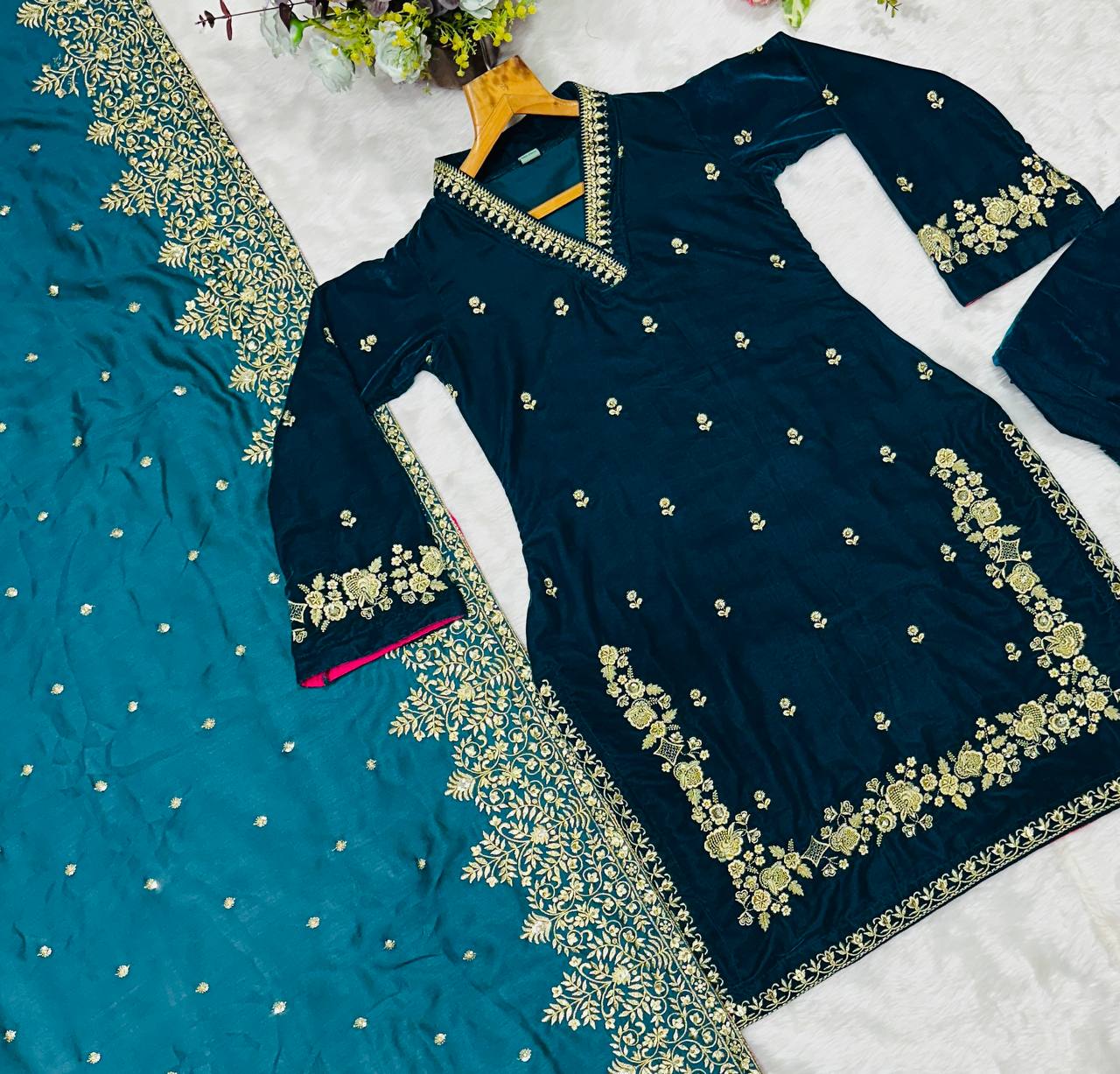 Rama Green Designer Velvet Suit with Multithread Embroidery & Sequins Work Dupatta – Fully Stitched Set ClothsVilla