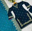 Load image into Gallery viewer, Rama Green Designer Velvet Suit with Multithread Embroidery &amp; Sequins Work Dupatta – Fully Stitched Set ClothsVilla