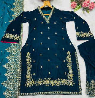 Rama Green Designer Velvet Suit with Multithread Embroidery & Sequins Work Dupatta – Fully Stitched Set ClothsVilla