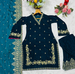 Rama Green Designer Velvet Suit with Multithread Embroidery & Sequins Work Dupatta – Fully Stitched Set ClothsVilla