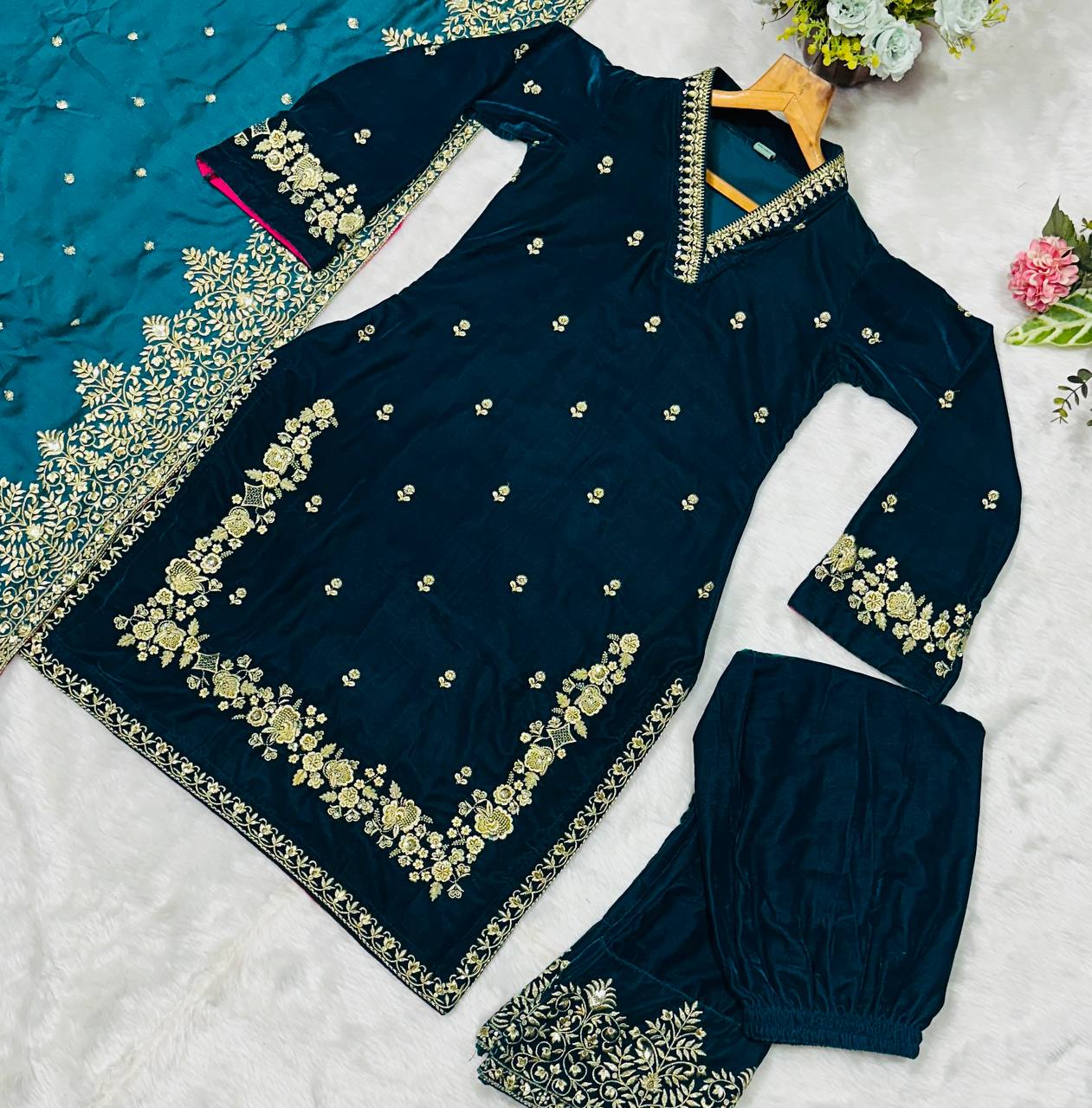 Rama Green Designer Velvet Suit with Multithread Embroidery & Sequins Work Dupatta – Fully Stitched Set ClothsVilla