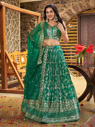 Rama Green Dola Silk Jacquard Embroidered Lehenga Choli Clothsvilla