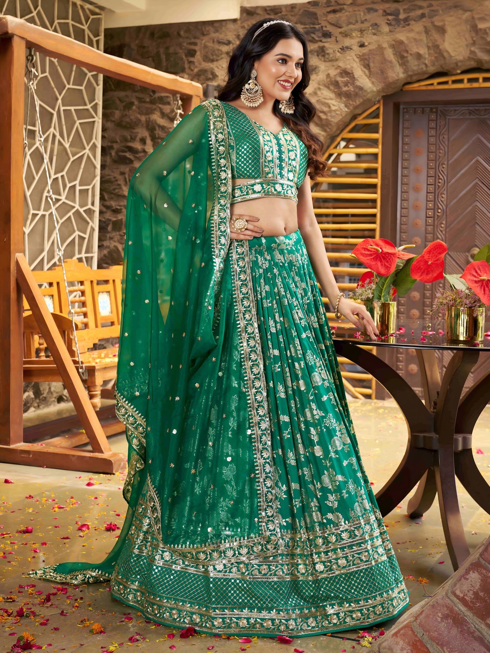 Rama Green Dola Silk Jacquard Embroidered Lehenga Choli Clothsvilla