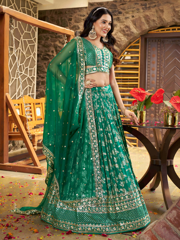 Rama Green Dola Silk Jacquard Embroidered Lehenga Choli Clothsvilla