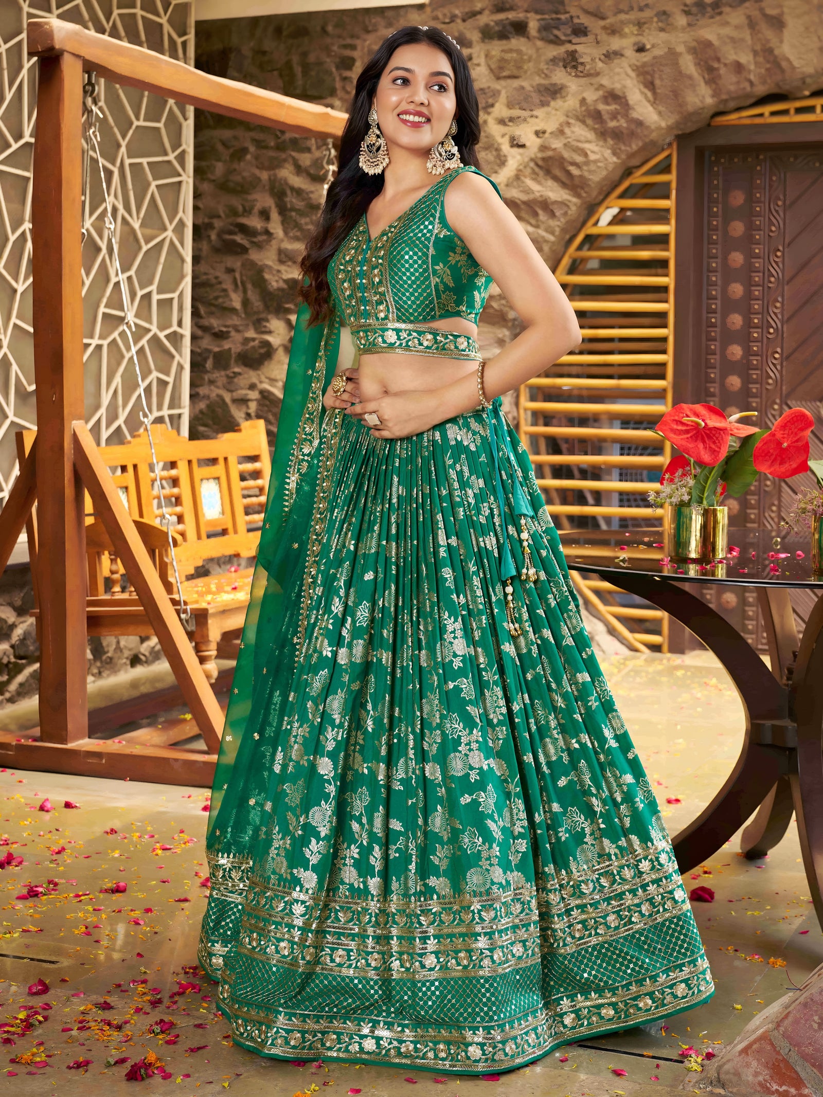 Rama Green Dola Silk Jacquard Embroidered Lehenga Choli Clothsvilla