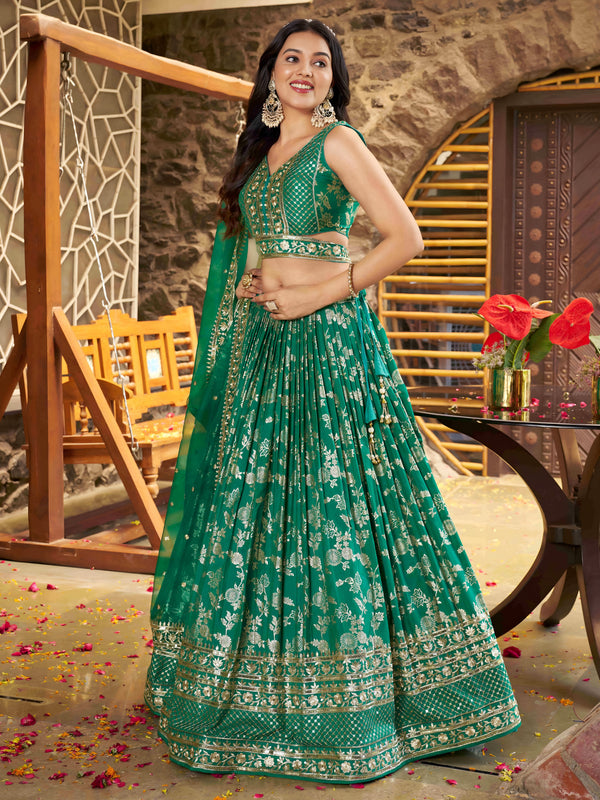 Rama Green Dola Silk Jacquard Embroidered Lehenga Choli Clothsvilla