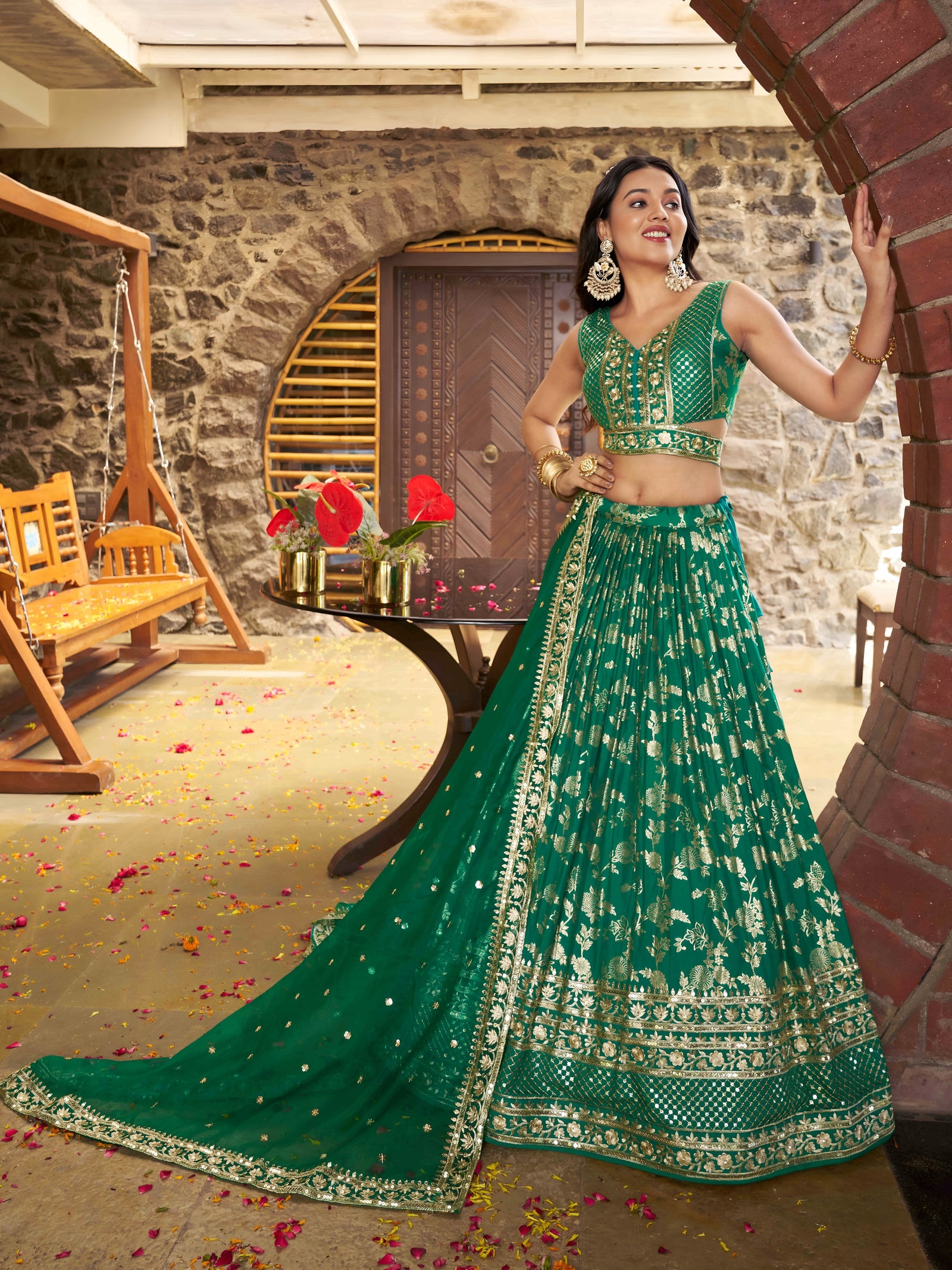 Rama Green Dola Silk Jacquard Embroidered Lehenga Choli Clothsvilla