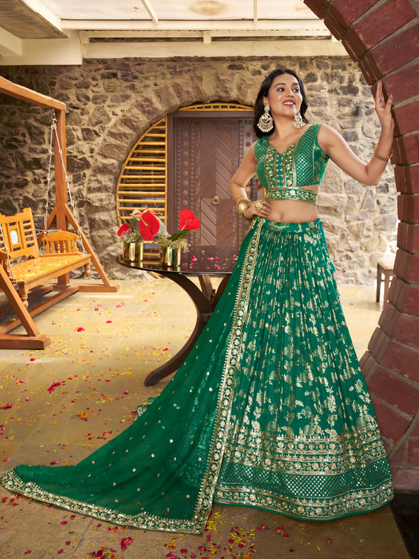 Rama Green Dola Silk Jacquard Embroidered Lehenga Choli Clothsvilla