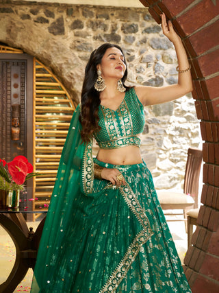 Rama Green Dola Silk Jacquard Embroidered Lehenga Choli Clothsvilla