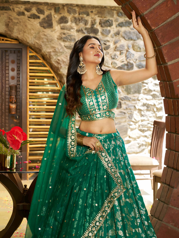 Rama Green Dola Silk Jacquard Embroidered Lehenga Choli Clothsvilla