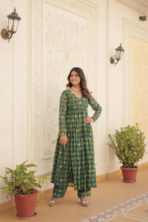 Rama Green Faux Georgette Foil Print Readymade Top with Pant Set ClothsVilla Main image