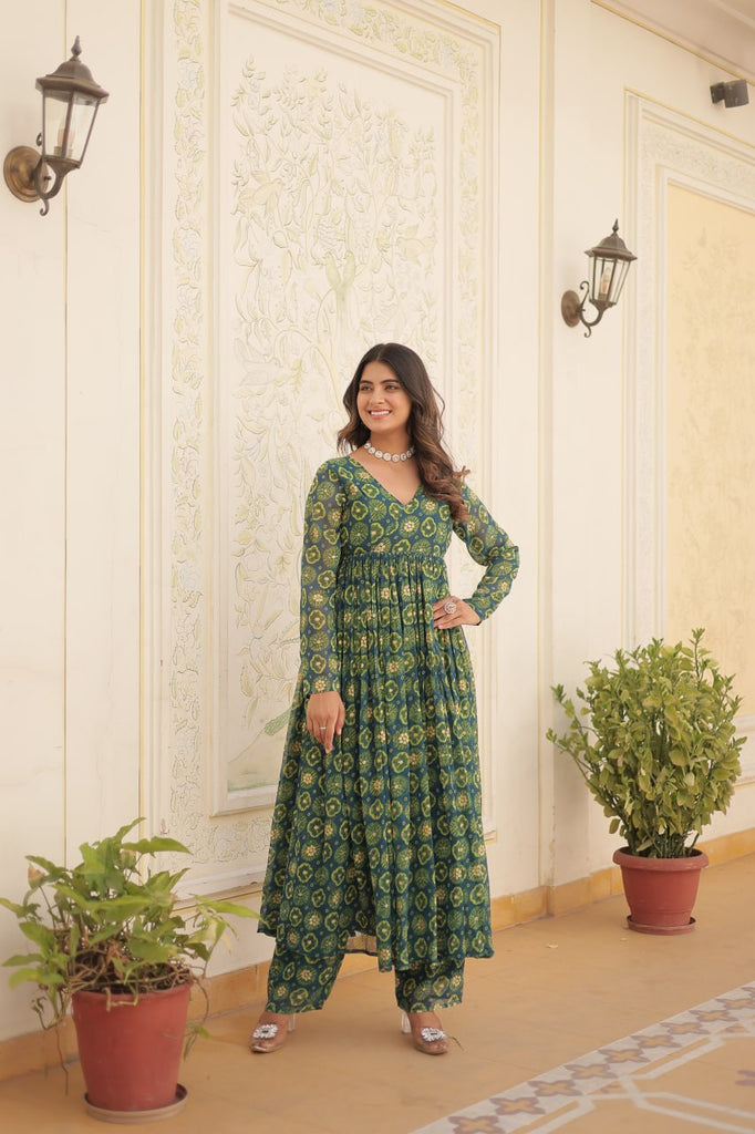 Rama Green Faux Georgette Foil Print Readymade Top with Pant Set ClothsVilla