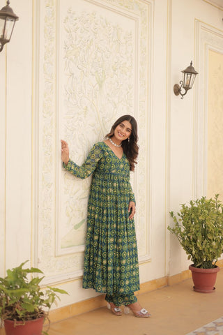 Rama Green Faux Georgette Foil Print Readymade Top with Pant Set ClothsVilla