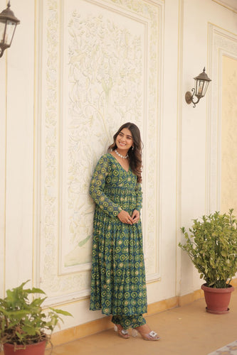 Rama Green Faux Georgette Foil Print Readymade Top with Pant Set ClothsVilla