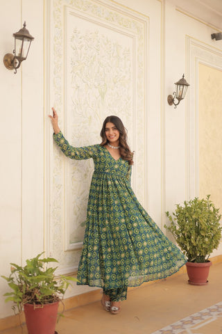 Rama Green Faux Georgette Foil Print Readymade Top with Pant Set ClothsVilla