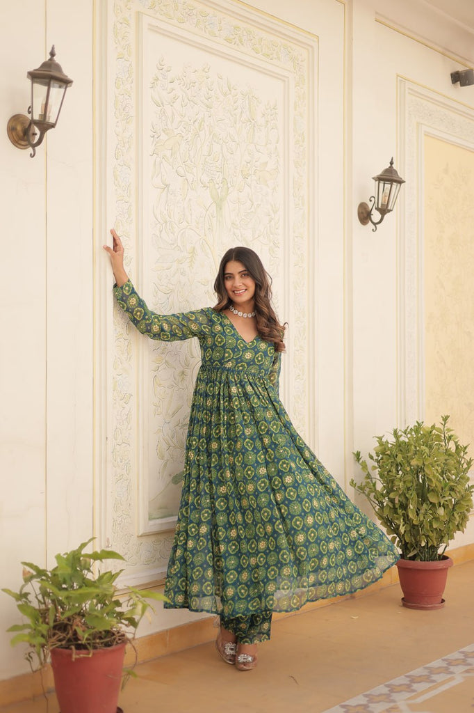 Rama Green Faux Georgette Foil Print Readymade Top with Pant Set ClothsVilla