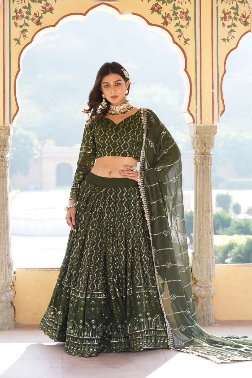 Shimmering Rama Green Faux Georgette Lehenga Choli with Sequins & Thread Work ClothsVilla