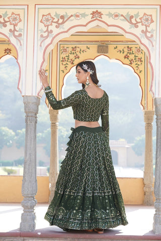 Shimmering Rama Green Faux Georgette Lehenga Choli with Sequins & Thread Work ClothsVilla