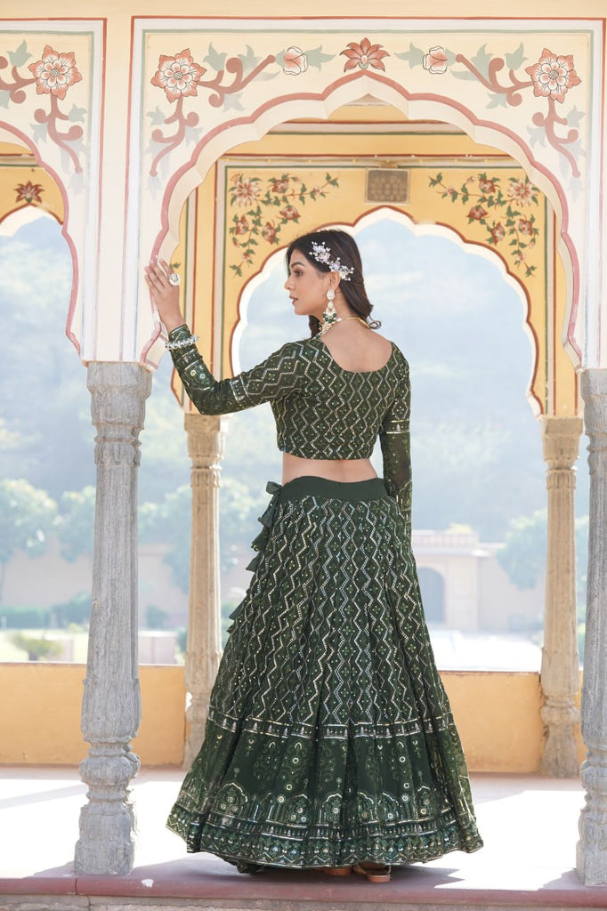 Shimmering Rama Green Faux Georgette Lehenga Choli with Sequins & Thread Work ClothsVilla