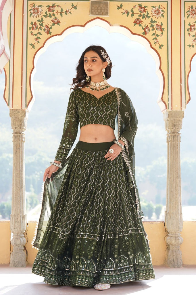 Shimmering Rama Green Faux Georgette Lehenga Choli with Sequins & Thread Work ClothsVilla