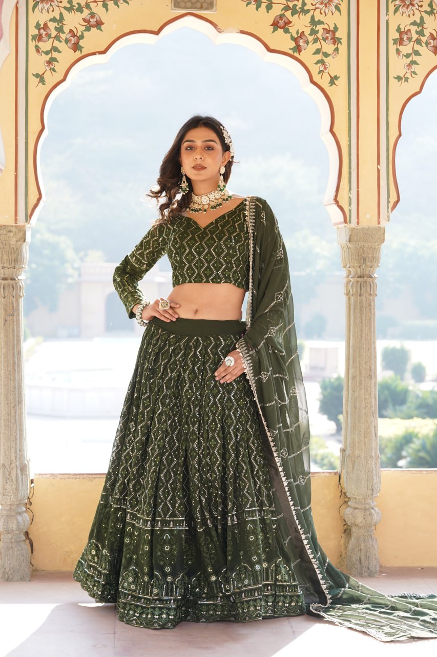 Shimmering Rama Green Faux Georgette Lehenga Choli with Sequins & Thread Work ClothsVilla