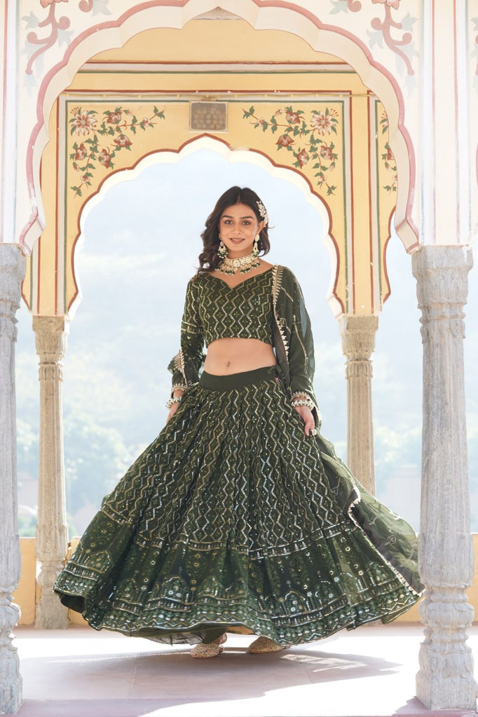 Shimmering Rama Green Faux Georgette Lehenga Choli with Sequins & Thread Work ClothsVilla