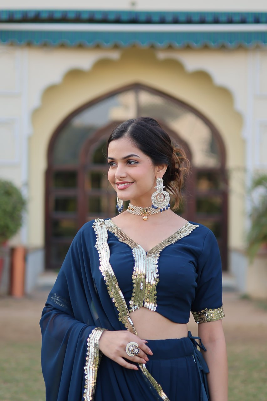 Rama Green Faux Georgette Sequined Lehenga Choli Set ClothsVilla