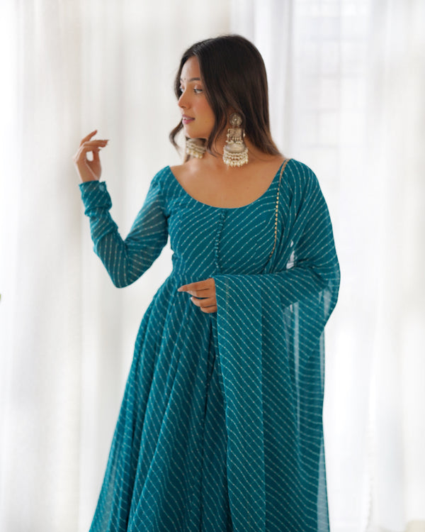 Rama High-End Pure Fox Georgette Laheriya Print Anarkali Set with Dupatta – Perfect for Summer Weddings