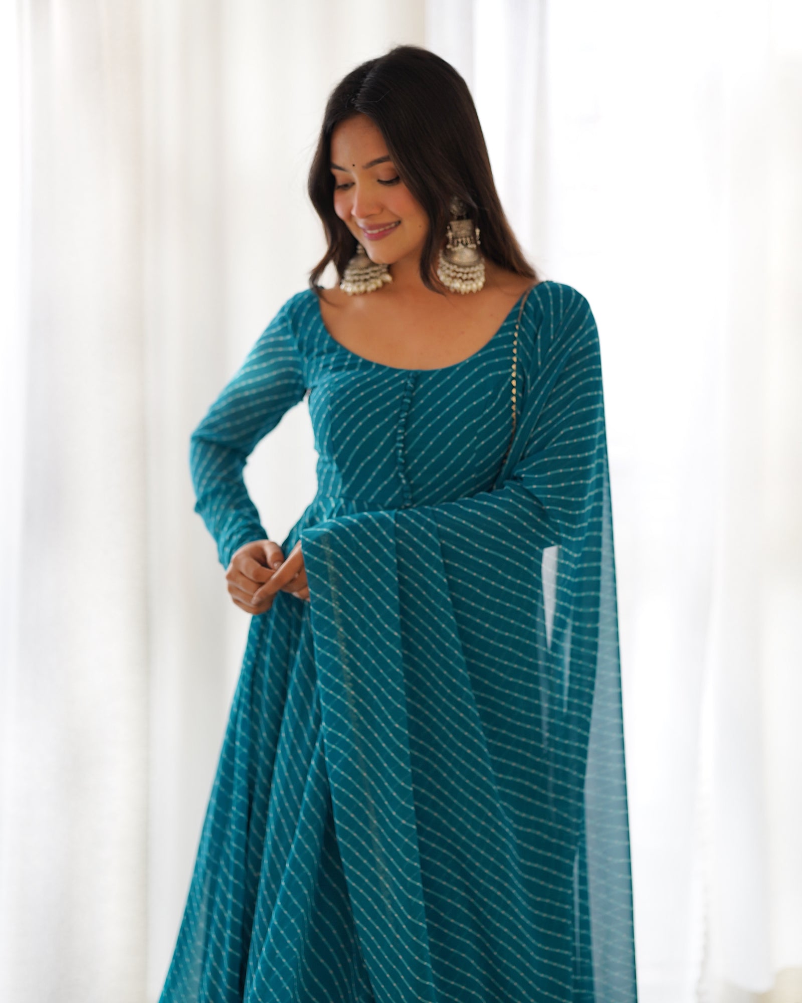Rama High-End Pure Fox Georgette Laheriya Print Anarkali Set with Dupatta – Perfect for Summer Weddings
