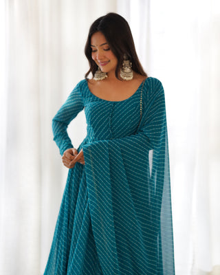 Rama High-End Pure Fox Georgette Laheriya Print Anarkali Set with Dupatta – Perfect for Summer Weddings